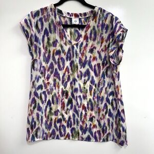 Cabi 5027 Womens Plume Feather Print Top Sz Medium Cap Sleeve V-Neck Multicolor